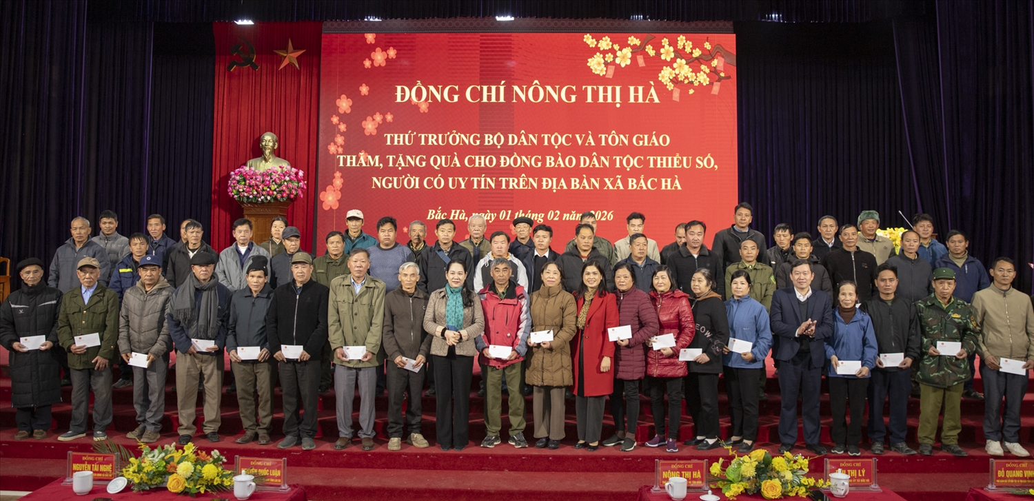 Thứ trưởng Nông Thị Hà và Đoàn công tác trao quà Tết cho Người có uy tín, hộ nghèo tại xã Bắc Hà