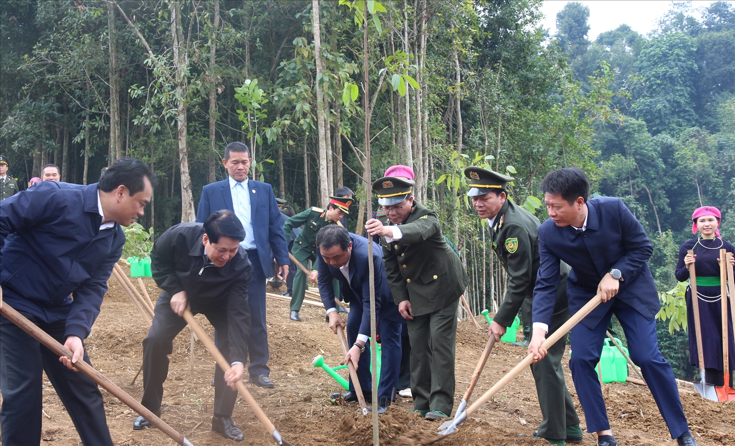Chủ tịch nước và các đại biểu tham gia trồng cây tại dự án Công viên văn hóa Lào Cai thuộc phường Cam Đường (Ảnh Trọng Bảo)