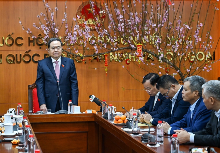 Chủ tịch Quốc hội Trần Thanh Mẫn phát biểu chúc Tết, giao nhiệm vụ cho Ủy ban Quốc phòng, An ninh và Đối ngoại. (Ảnh: DUY LINH)
