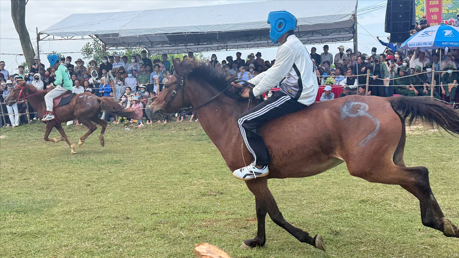 Một pha bức tốc dũng mãnh của của một kỵ mã thồ hàng trong cuộc đua. (Ảnh: T.Q)