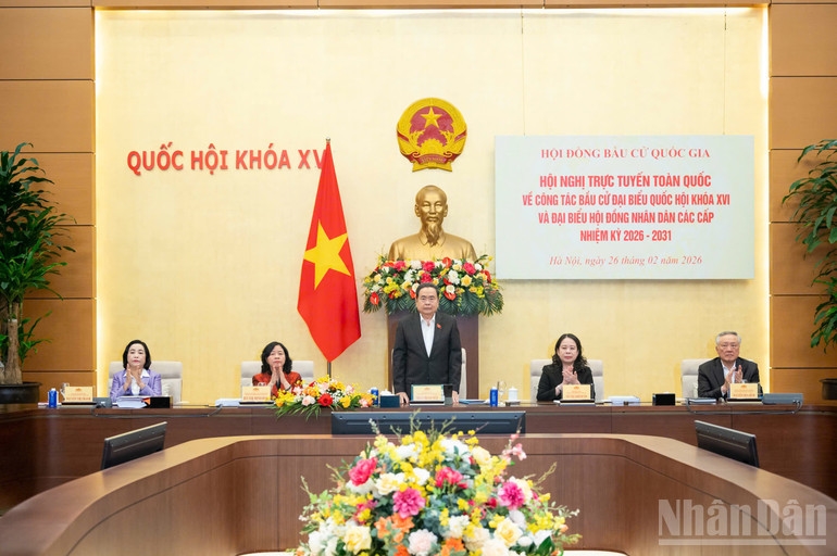 Chủ tịch Quốc hội Trần Thanh Mẫn chủ trì Hội nghị trực tuyến toàn quốc triển khai công tác bầu cử. (Ảnh: DUY LINH)