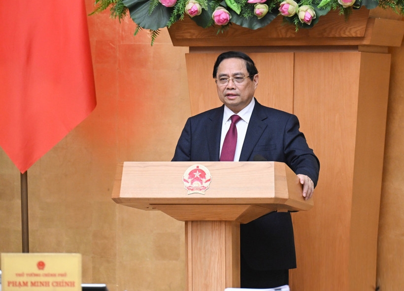 Thủ tướng Chính phủ Phạm Minh Chính phát biểu ý kiến tại Phiên họp chuyên đề của Chính phủ về xây dựng pháp luật. (Ảnh: Trần Hải) 