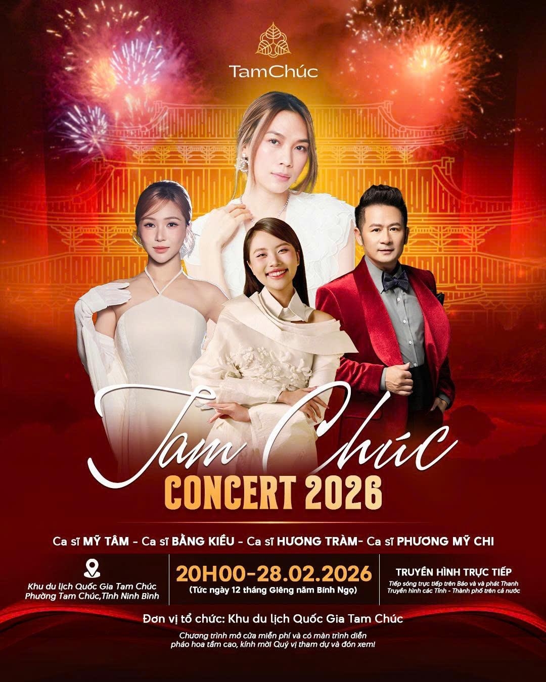 Ngay sau phần lễ là chương trình nghệ thuật Tam Chúc Concert 2026 với sự góp mặt của dàn sao đình đám: Mỹ Tâm, Bằng Kiều, Hương Tràm, Phương Mỹ Chi.... Sự kết hợp giữa âm nhạc đương đại và không gian văn hóa truyền thống, kết thúc bằng màn pháo hoa rực rỡ, đã mang đến một trải nghiệm thị giác và thính giác mãn nhãn cho người xem.