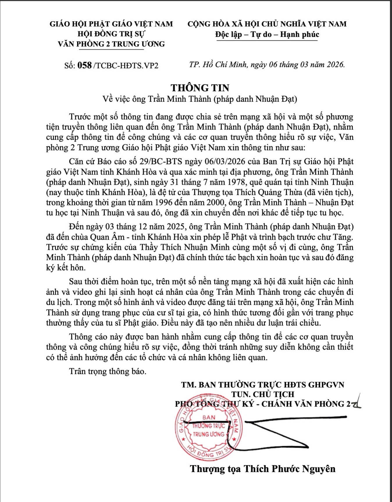 Thông tin từ Giáo hội Phật giáo Việt Nam cho biết ông Trần Minh Thành đã hoàn tục