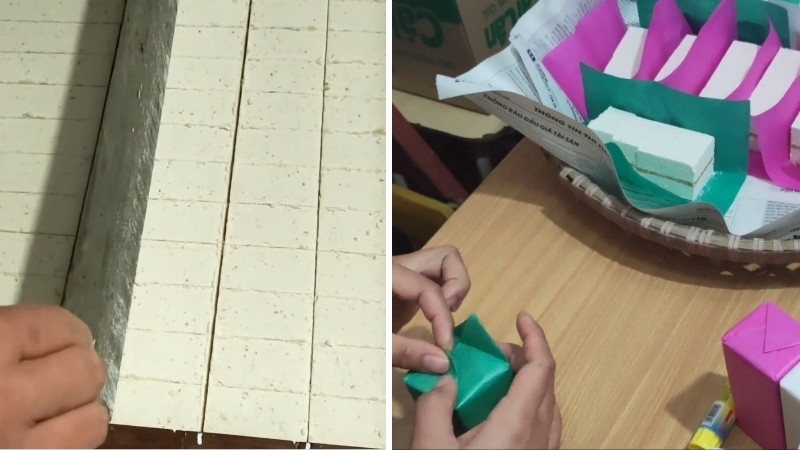 công đoạn cắt và gói bánh