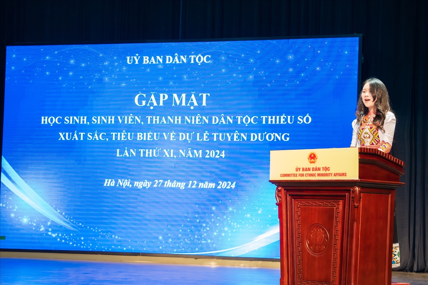 Hà Anh phát biểu tại buổi Bộ trưởng, Chủ nhiệm Ủy ban Dân tộc gặp mặt học sinh, sinh viên, thanh niên DTTS xuất sắc, tiêu biểu năm 2024