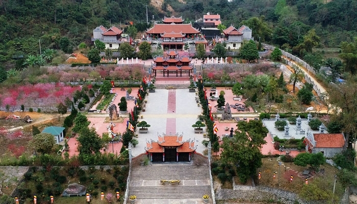 Trong khuôn viên chùa có hơn 100 pho tượng và khoảng 1.000 cây xanh. Nổi bật là những gốc đào cổ thụ nở rộ hoa mỗi độ xuân về