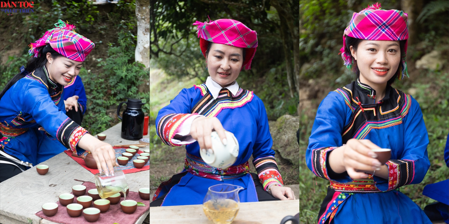 Trong trang phục truyền thống, các cô gái thực hiện nghi thức pha trà, góp phần tôn vinh vẻ đẹp văn hóa của dân tộc.