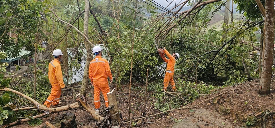 Công nhân điện lực khẩn trương khắc phục sự cố (Ảnh Trọng Bảo)