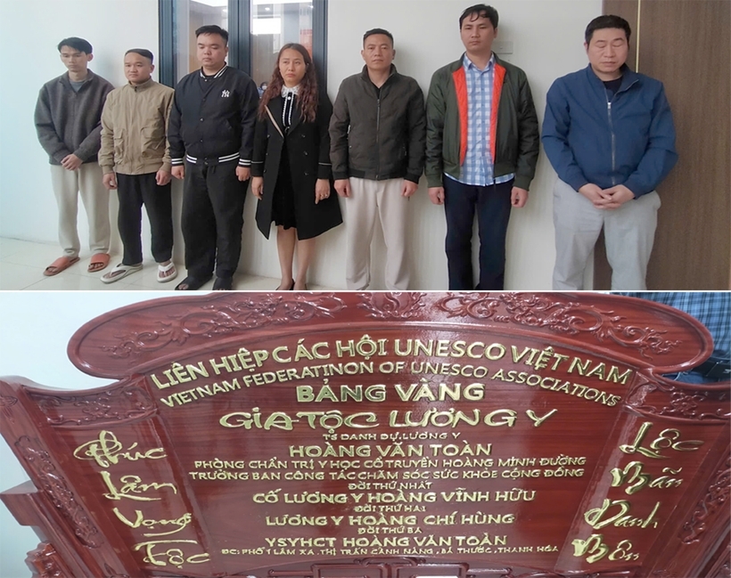 Các đối tượng trong đường dây lừa đảo liên quan đến “Thảo dược đắp xương khớp Hoàng Minh Đường”. Ảnh: Công an tỉnh Thanh Hóa.