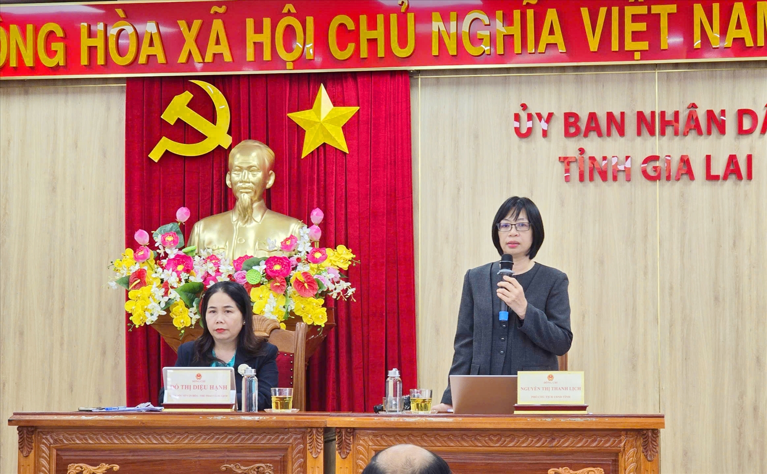 Bà Nguyễn Thị Thanh Lịch, Phó Chủ tịch UBND tỉnh Gia Lai phát biểu tại buổi gặp mặt. (Ảnh: T.N)