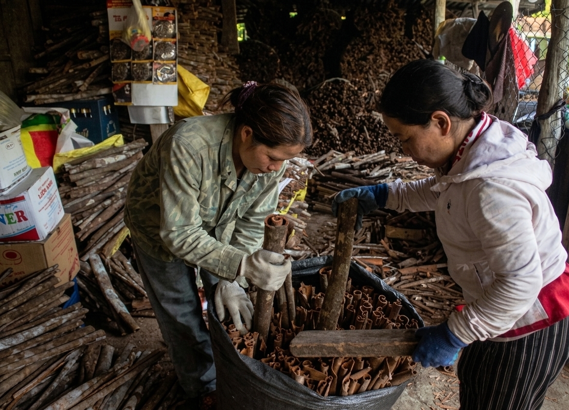 Sau khi thu hoạch, quế được phơi khô để bán cho thương lái. (Ảnh: N.Trang)