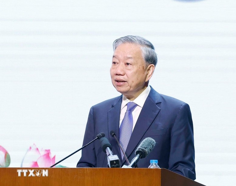 Tổng Bí thư Tô Lâm, Bí thư Quân ủy Trung ương phát biểu tại lễ kỷ niệm - Ảnh: TTXVN