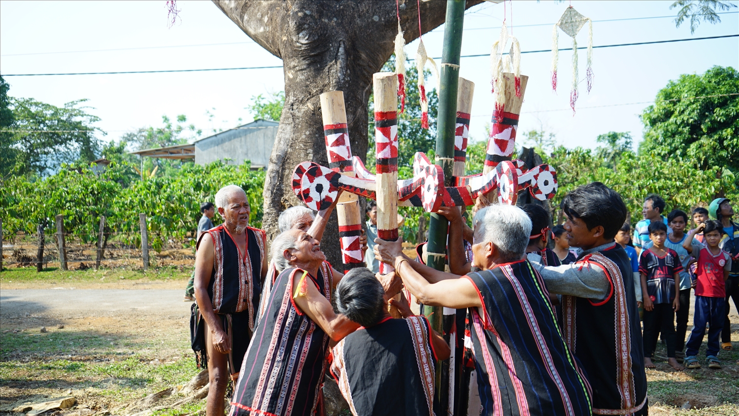 Hội đồng già làng cùng nhau dựng cây nêu