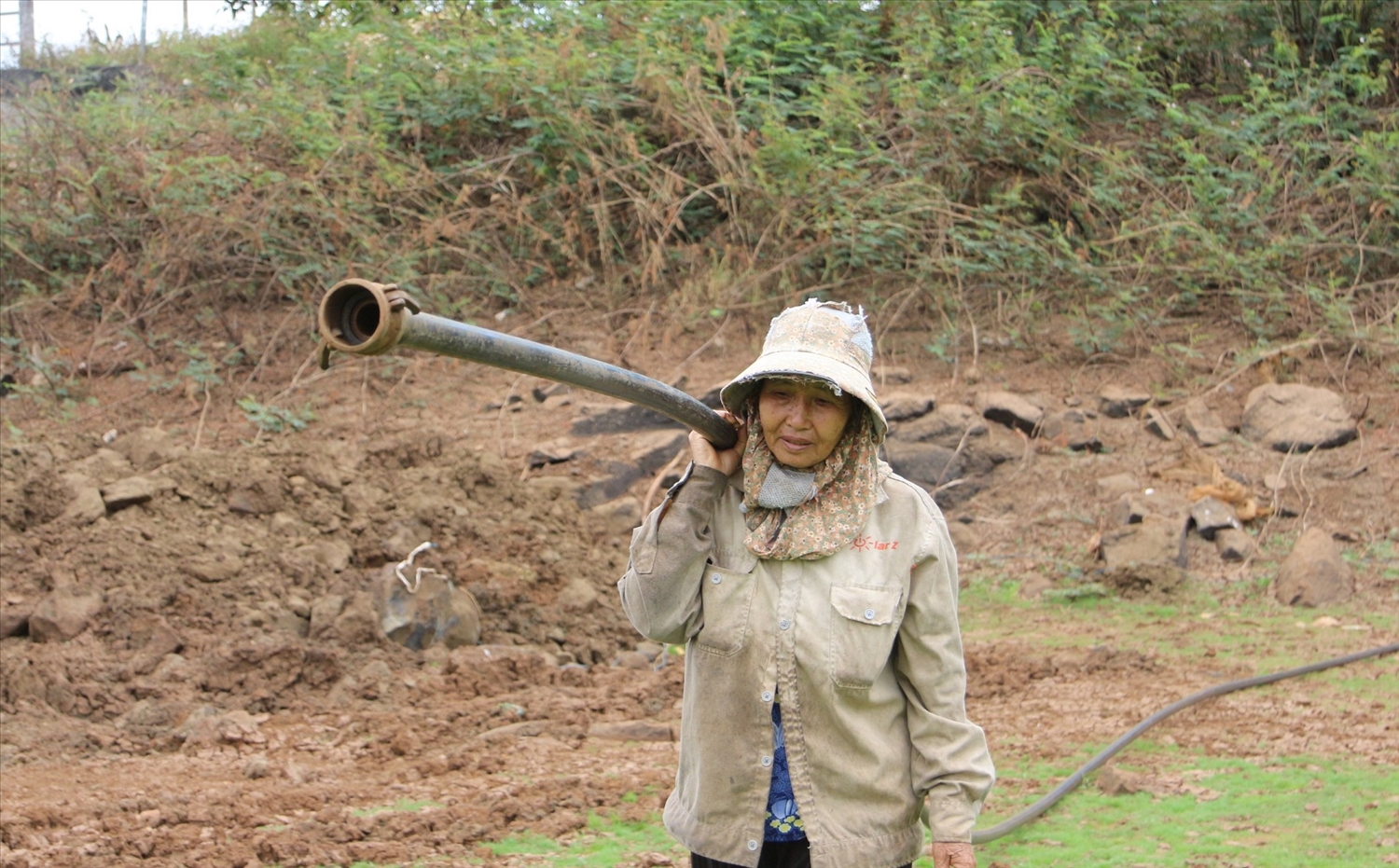 Bà Lê Thị Liên xã Đắk Mil kéo ống tưới vào rẫy