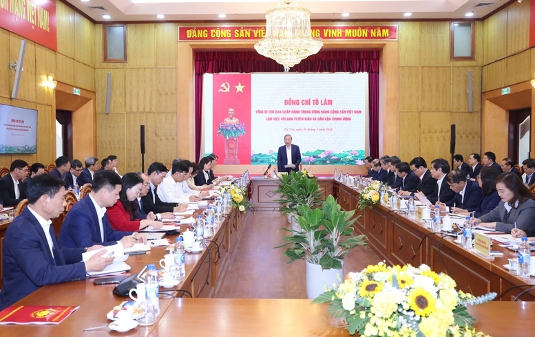 Tổng Bí thư Tô Lâm làm việc với Ban Tuyên giáo và Dân vận Trung ương về việc chuẩn bị nội dung ""Quy định về công tác chính trị, tư tưởng trong Đảng" - Ảnh: Hải Nguyễn