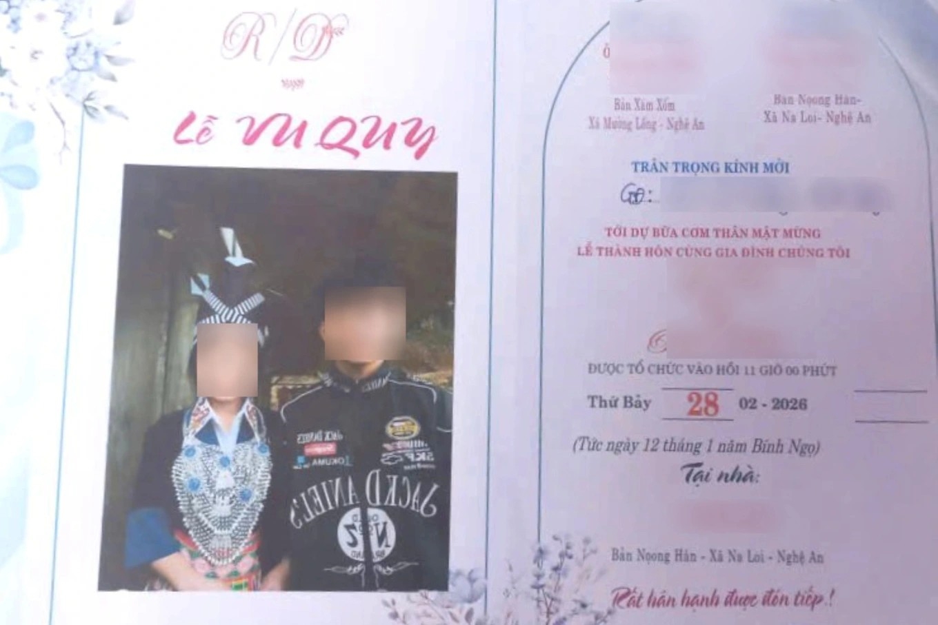 Giấy mời được cho là của một trong 2 học sinh Trường Phổ thông dân tộc bán trú THCS Na Loi tổ chức lễ vu quy khi chưa đủ tuổi kết hôn