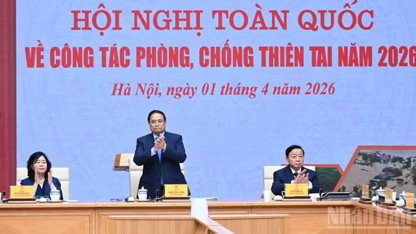 Thủ tướng Chính phủ Phạm Minh Chính chủ trì Hội nghị toàn quốc về công tác phòng, chống thiên tai năm 2026. (Ảnh TRẦN HẢI) 