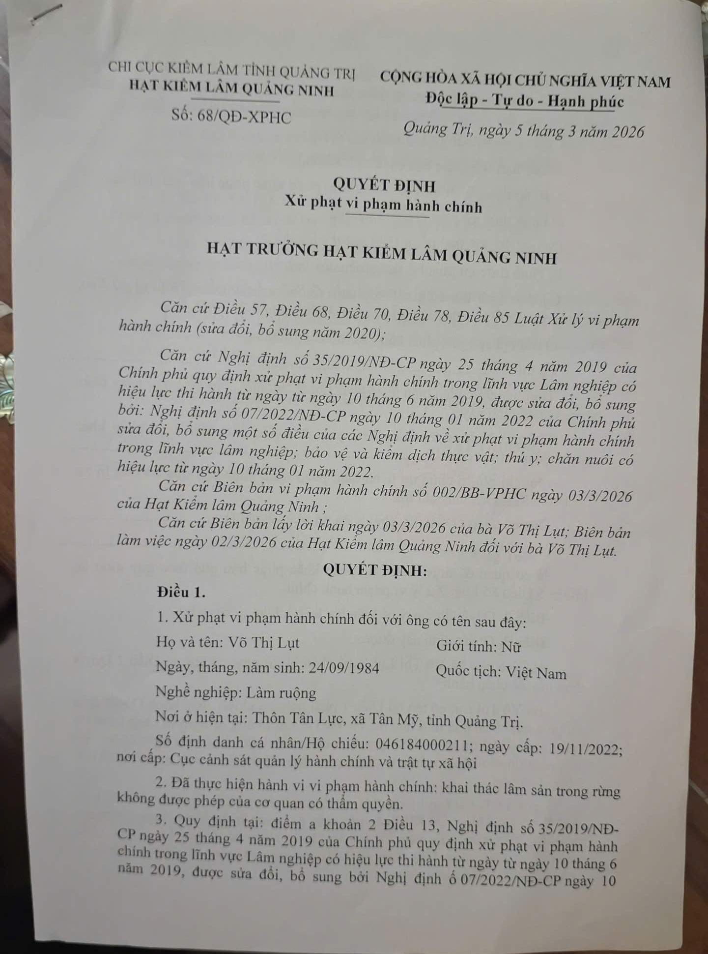 Quyết định số: 68/QĐ-XPHC được Hạt Kiểm lâm Quảng Ninh ban hành ngày 5/3/2026 (Ảnh: Phạm Tiến)