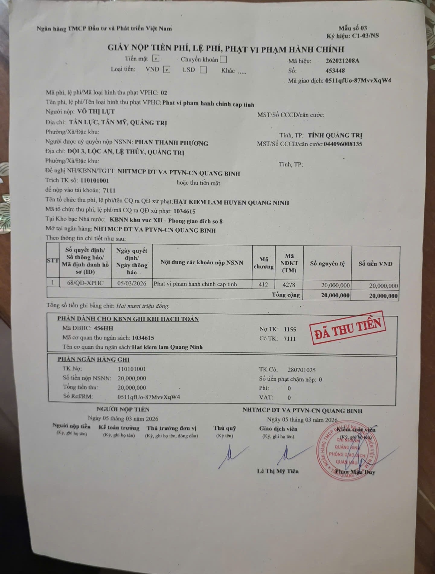 Ngay trong ngày 5/3/2026, người vi phạm đã nộp tiền phạt (Ảnh: Phạm Tiến)