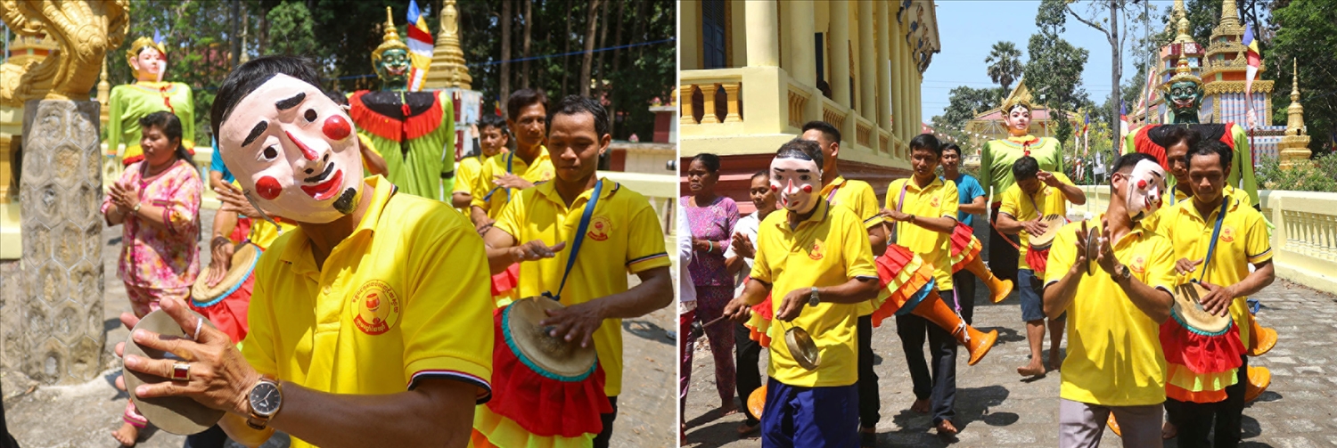 Trong tiếng nhạc Ngũ âm, nhóm múa Chhay-dăm với người dẫn đầu mang mặt nạ, tay cầm gậy múa mở đường…