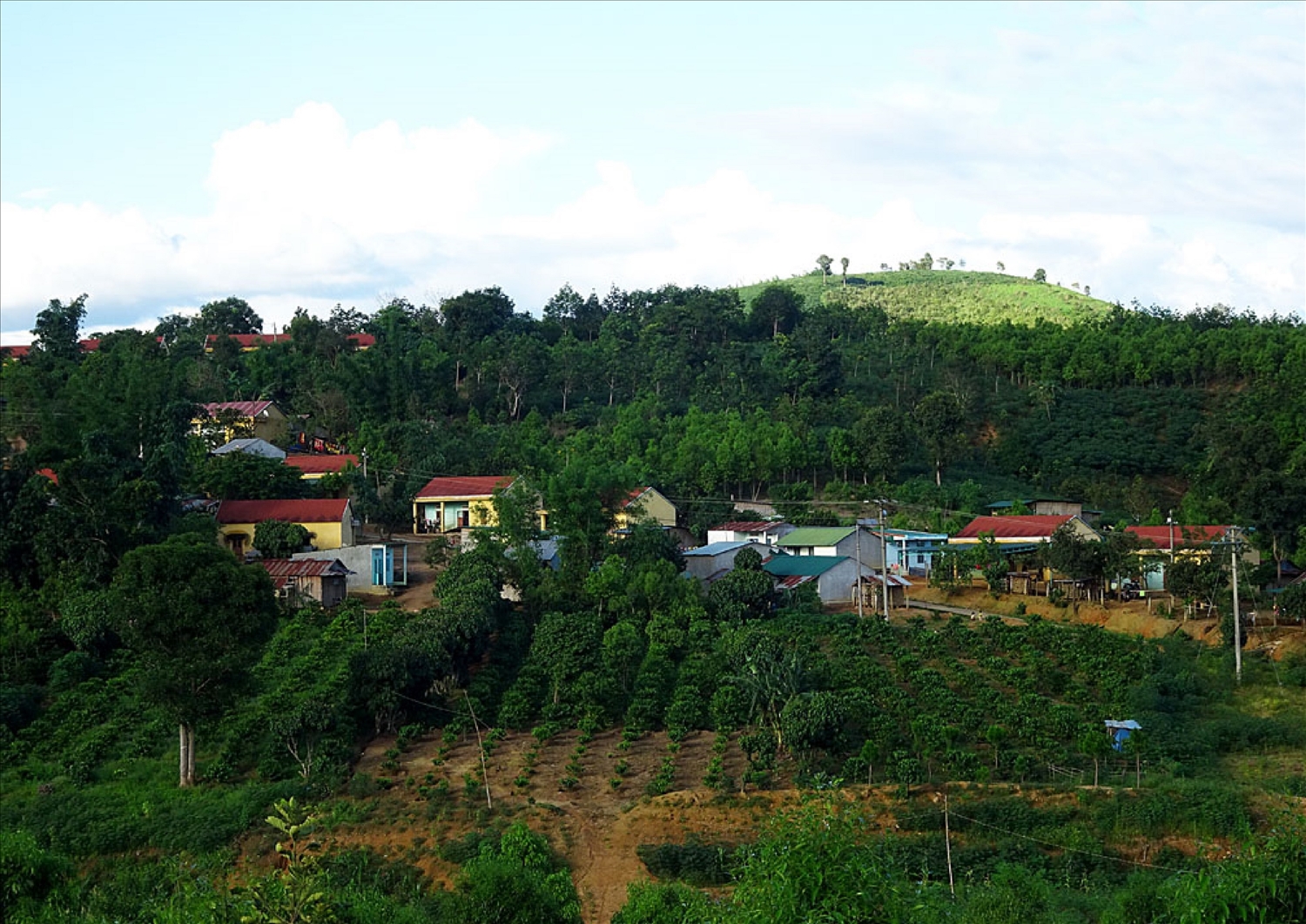 Người dân xã biên giới Rờ Kơi có cuộc sống bình yên, no ấm với rừng cao su, cà phê xanh ngút ngàn.