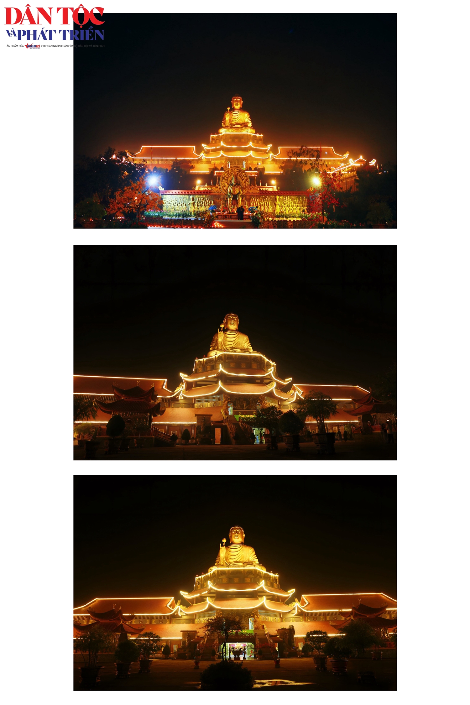 Về đêm, tượng Phật Thích Ca Mâu Ni nổi bật giữa không gian tĩnh lặng và ánh đèn lung linh của khuôn viên Thiền viện.