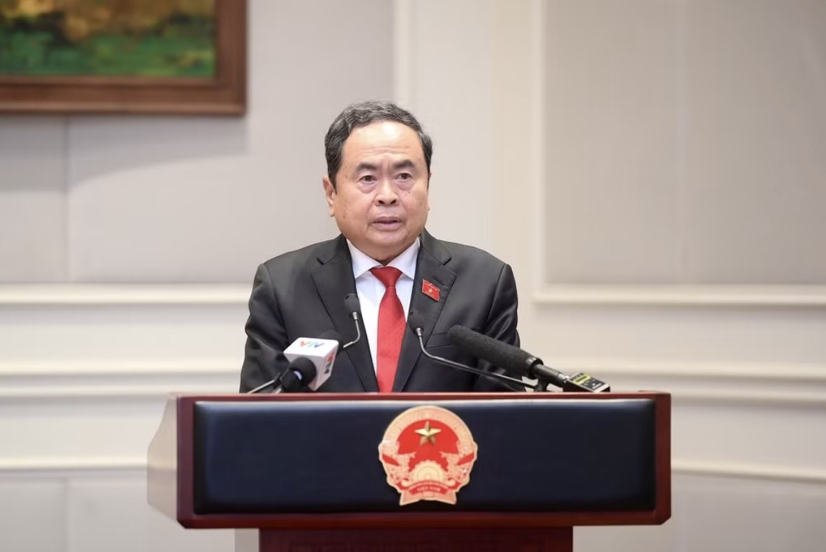 Chủ tịch Quốc hội Trần Thanh Mẫn phát biểu tại cuộc gặp mặt. (Ảnh: ĐĂNG KHOA)