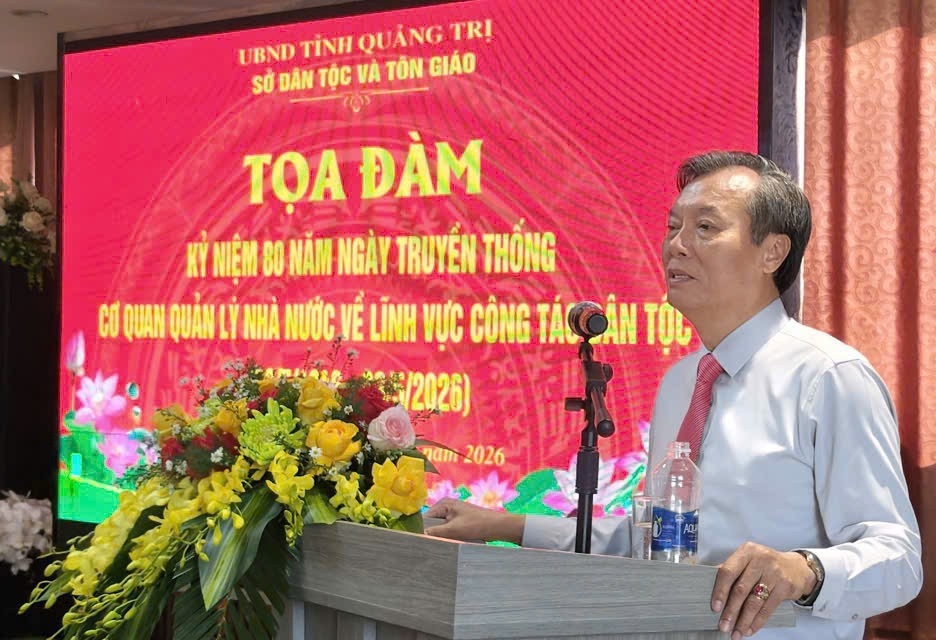 Ông Nguyễn Trí Kiên, Giám đốc Sở Dân tộc và Tôn giáo tỉnh Quảng Trị phát biểu trong buổi Tọa đàm kỷ niệm 80 năm ngày truyền thống cơ quan quản lý nhà nước về lĩnh vực công tác dân tộc