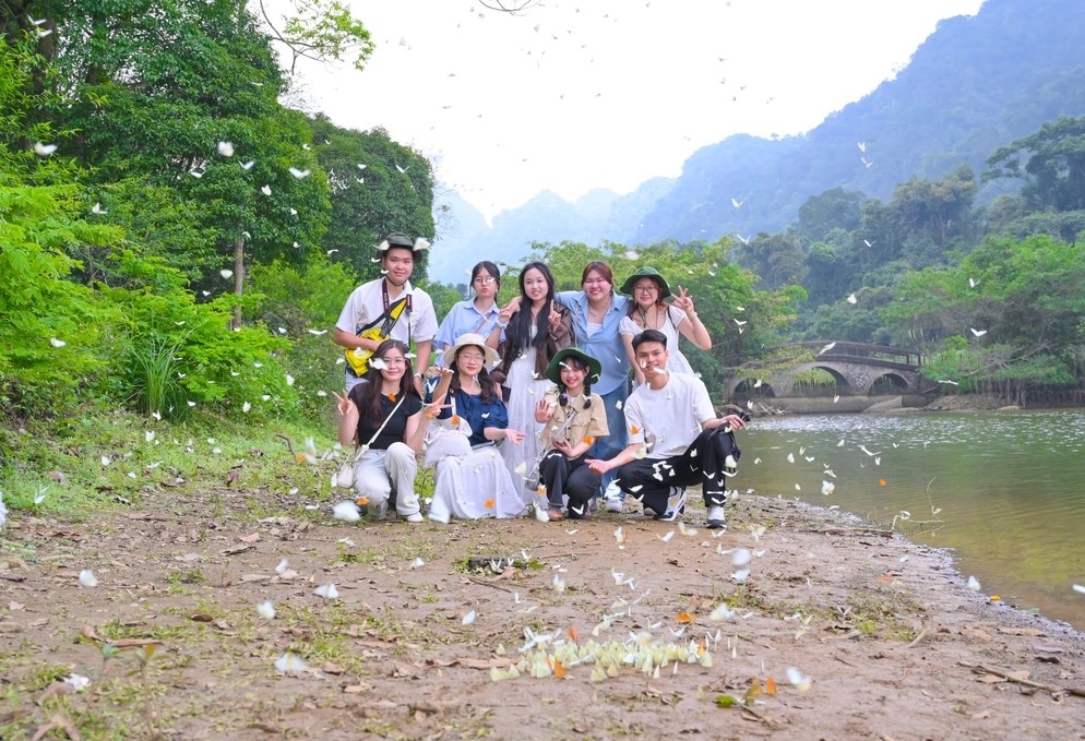 Nhiều đoàn du khách đổ về Vườn Quốc gia Cúc Phương những ngày qua để chiêm ngưỡng mùa bướm rực rỡ, tạo nên khung cảnh nhộn nhịp giữa đại ngàn. Ảnh: Ngọc Linh.