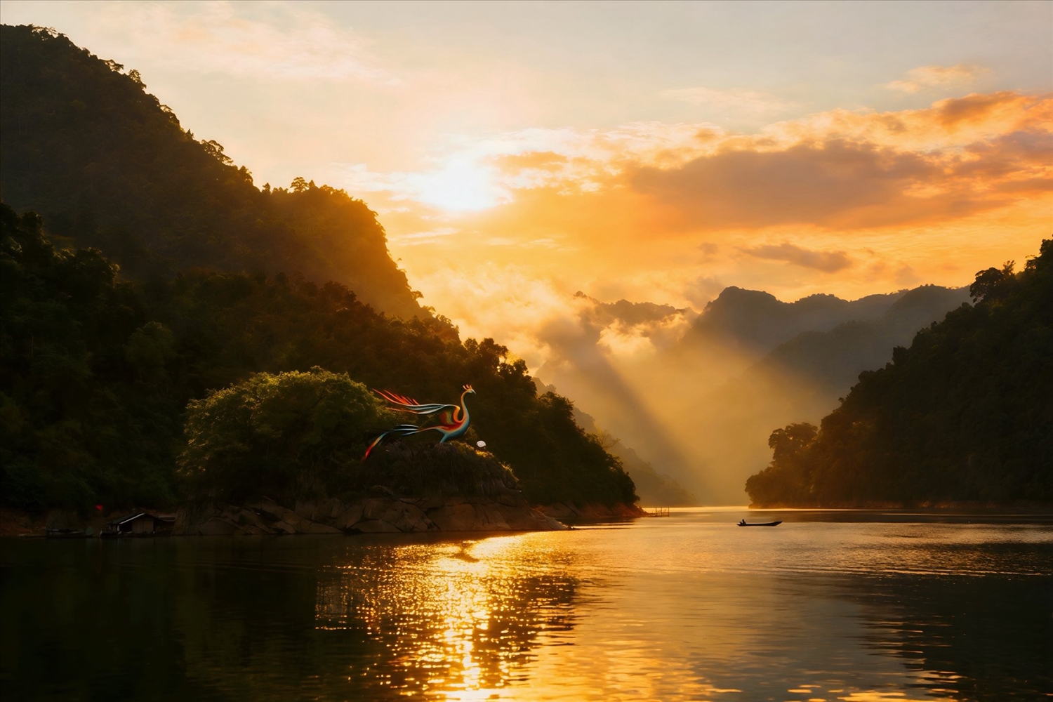 Bình minh trên lòng hồ Nà Hang, mặt nước bảng lảng sương sớm, núi non trùng điệp tạo nên khung cảnh yên bình, thơ mộng. Ảnh: Anh Đoàn