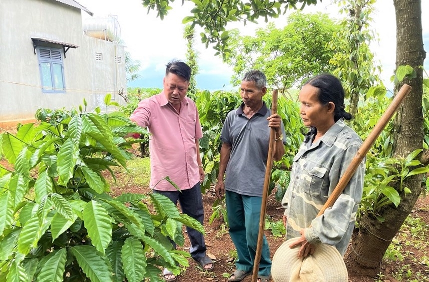 Lãnh đạo xã Đắk Gằn (huyện Đăk Mil) hướng dẫn diệt rệp trên lá cà phê cho người dân tại bon Đắk Láp 