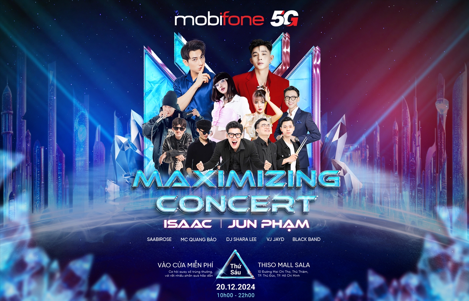 Khách hàng khi tham dự đêm nhạc Maximizing Concert tại TP.HCM ngoài được nghe dàn nghệ sĩ đình đám: Issac, Jun Phạm, Saabirose… trình diễn thì còn có cơ hội trải nghiệm miễn phí các sản phẩm - dịch vụ – giải pháp 5G của MobiFone.