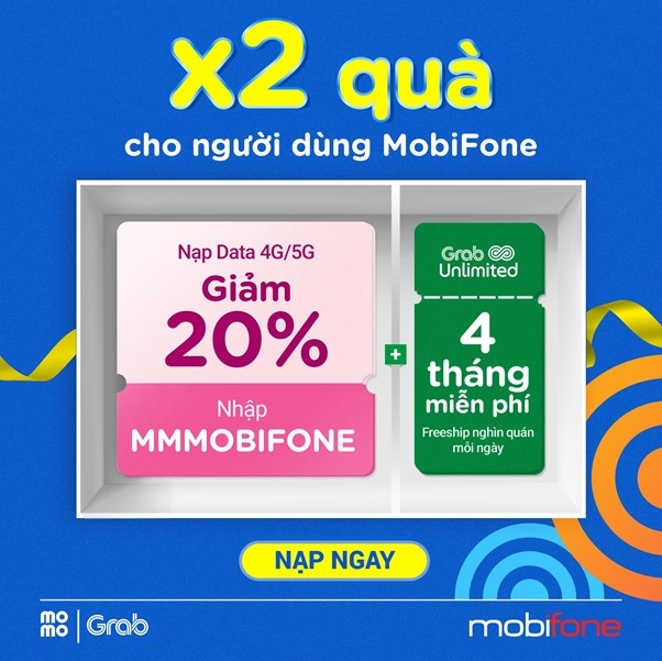 MobiFone kết hợp với MoMo và Grab tung chương trình siêu hời: Nạp data, nhân đôi quà tặng 