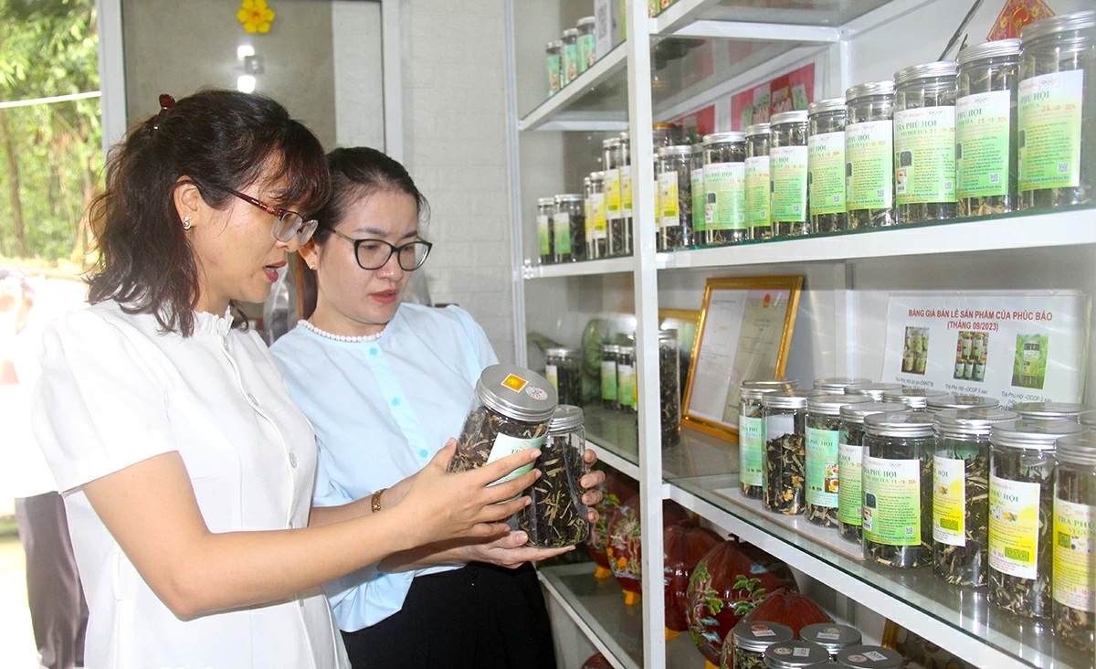 Khu vực trưng bày, quảng bá sản phẩm của Cơ sở Phúc Bảo - chuyên sản xuất, kinh doanh trà Phú Hội đạt chuẩn OCOP ở xã Phú Hội, huyện Nhơn Trạch (Đồng Nai) được sự hỗ trợ vốn từ NHCSXH