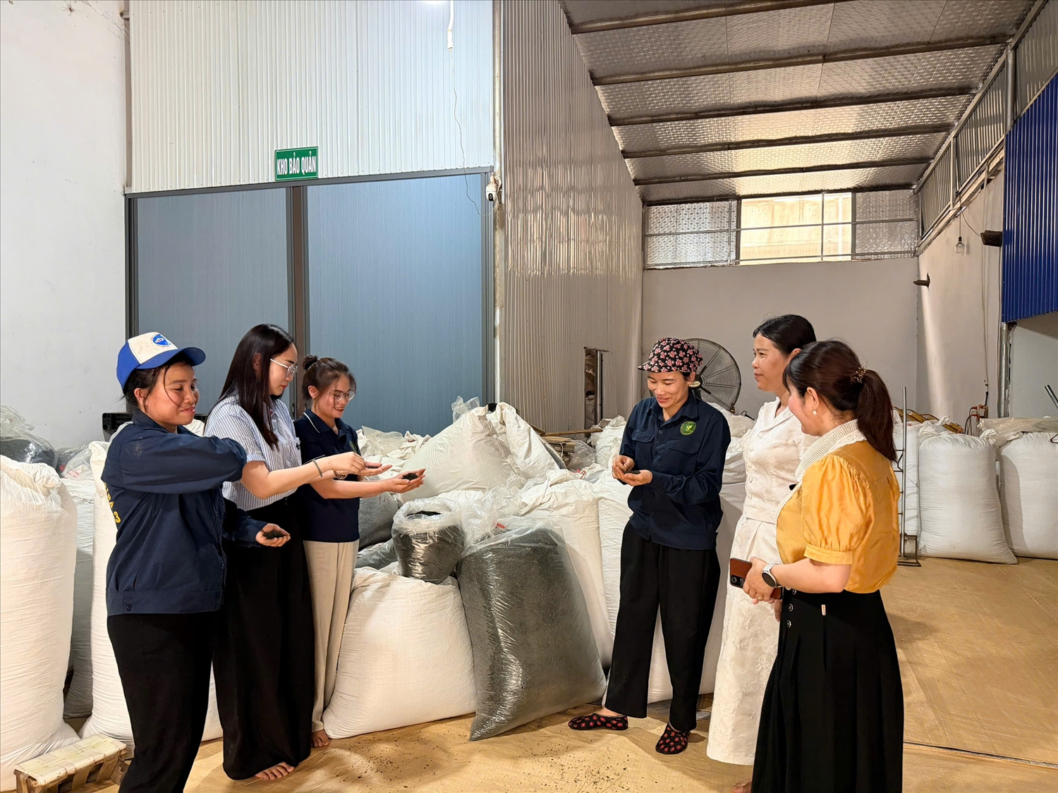 Cán bộ xã Đại Phúc tham quan, tìm hiểu quy trình sản xuất và chất lượng chè tại Hợp tác xã Sỹ Thu Trà. (Ảnh: Thảo Khánh)