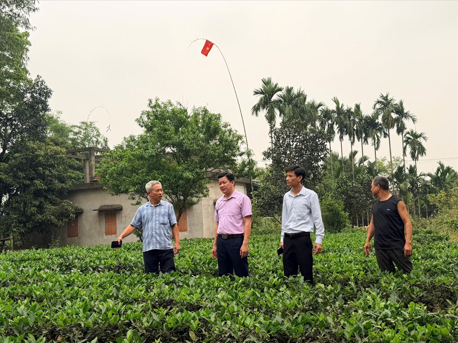 Ông Trương Văn Dũng (thứ hai từ trái sang) cùng cán bộ địa phương thăm mô hình sản xuất, phát triển kinh tế của người dân trên địa bàn. (Ảnh: Thảo Khánh) 