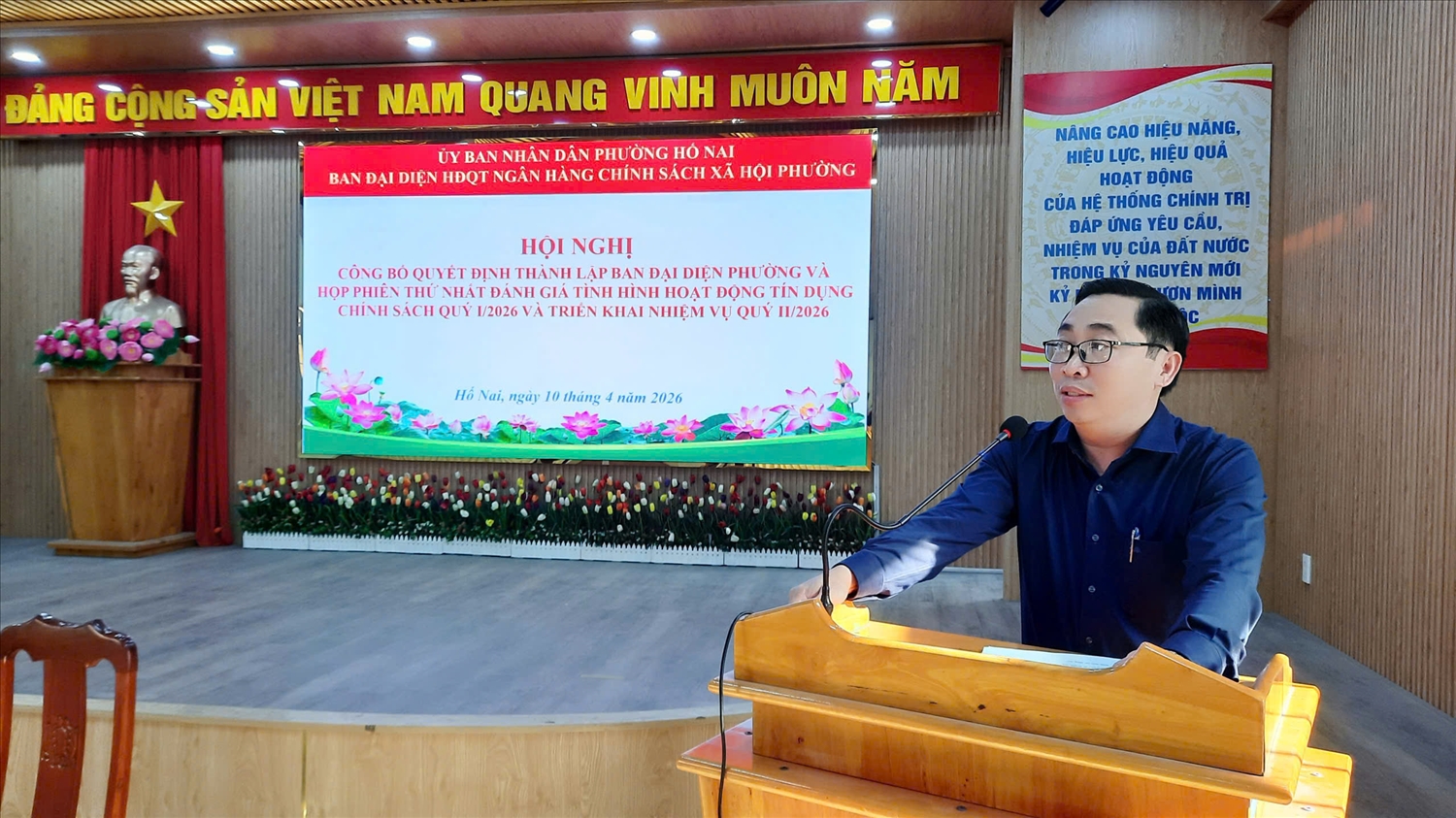 Chủ tịch UBND phường - Trưởng Ban đại diện Hố Nai (Đồng Nai) Cao Duy Thái phát biểu tại hội nghị thành lập Ban đại diện HĐQT NHCSXH