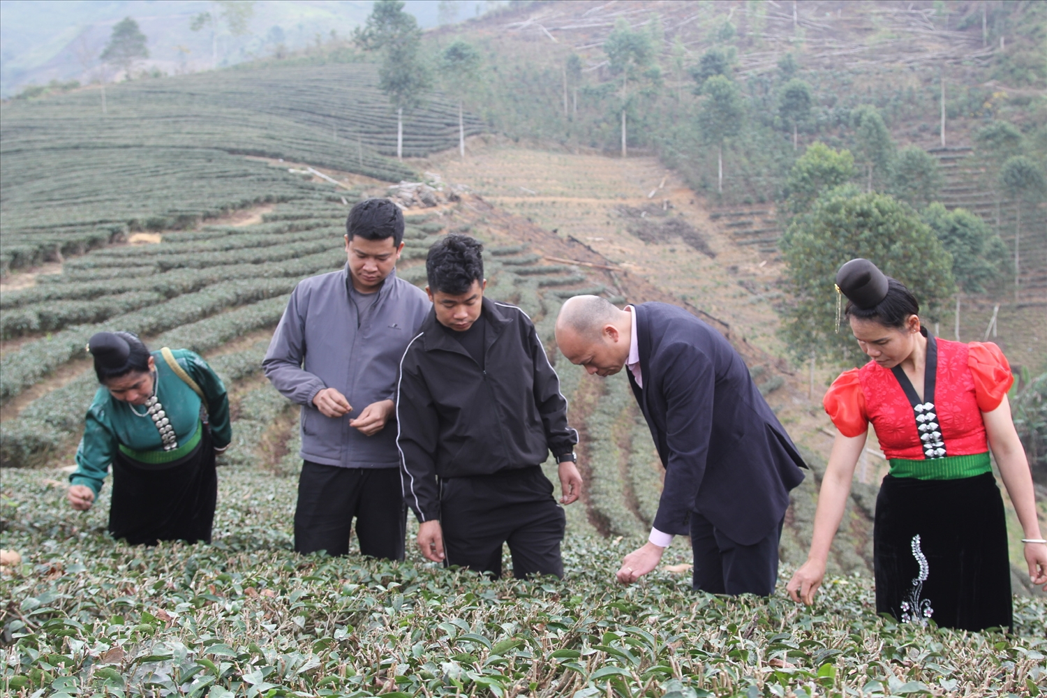 Giám đốc Phòng Giao dịch NHCSXH Thuận Châu (thứ 2 từ trái qua) kiểm tra sử dụng nguồn vốn vay của hộ vay trên địa bàn xã Mường É, tỉnh Sơn La